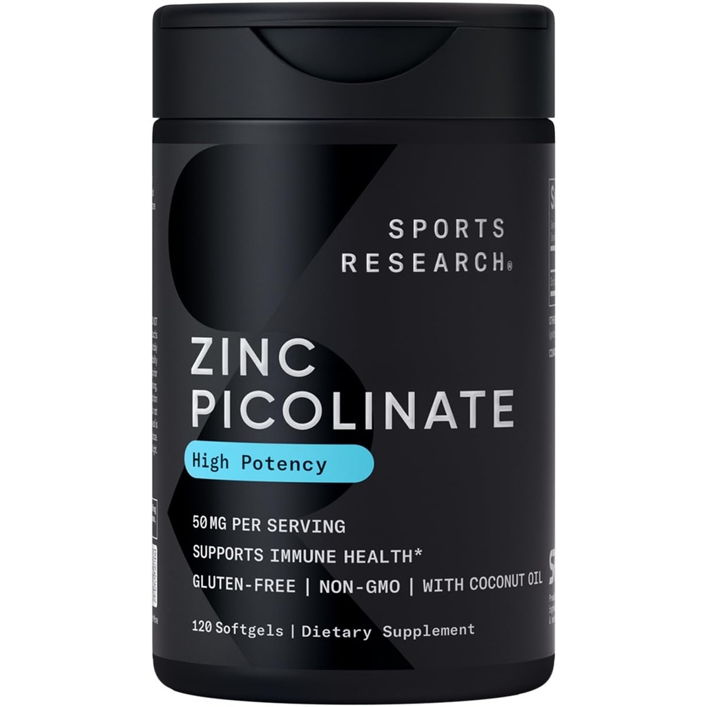 Sports Research High Potency Zink Picolinate 50mg med organisk kokosnötolja | Mycket absorberbart zinktillskott för hälsosam immun & enzymfunktion - icke-GMO-testade och glutenfri (120 flytande mjukglar)