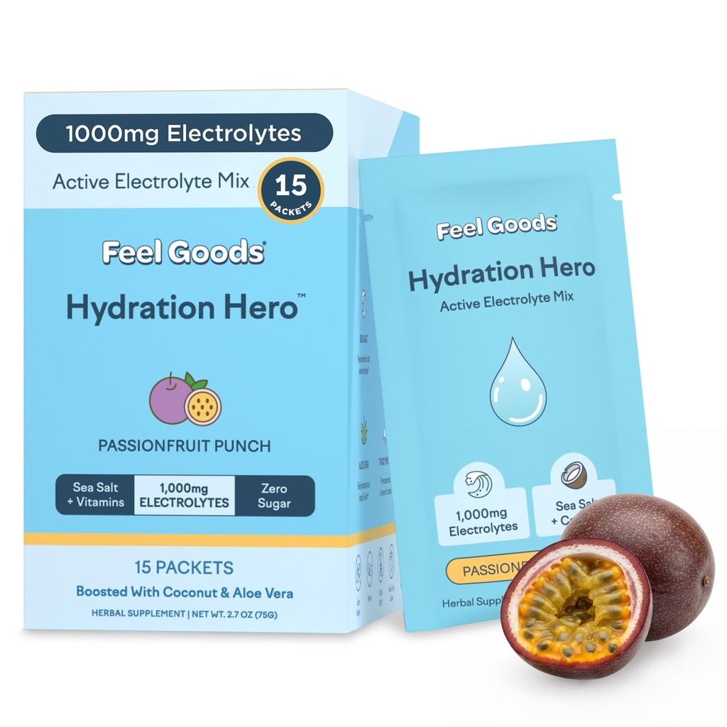 Känna varor Hydration Hero, 1000mg Electrolytes Powder, Sugar Free, Magnesium, Organic Aloe Vera, L Theanine, Vitamin C & B12, Keto, Vegan, Electrolyte Packets, Passion Fruit Punch, 15 Count