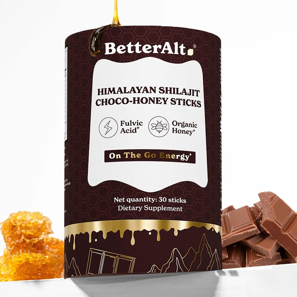 Bättre Alt Chocolate Shilajit Honey Sticks 75% Fulvic Acid & 85 + Trace Minerals Chocolate-Infused Raw Honey Himalayan Shilajit Energy Booster 30 Sticks Natural Stamina & Endurance Support