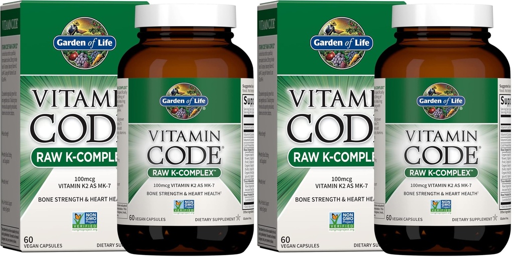 Garden of Life Vitamin K2 och K1, Vitamin Code Vegan K Complex för benstyrka och hjärthälsa, Omega Rich Flax Seed Oil, Trace Minerals, Probiotics, 60 Day Supply (Pack of 2)