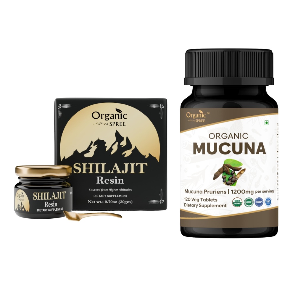 ORGANIC SPREE Pure Himalayan Shilajit Resin & Mucuna Supplement - 20g & 120 tabletter - 85 + Trace Mineral Fulvic Acid Resin & USDA Organic Mucuna Pruriens