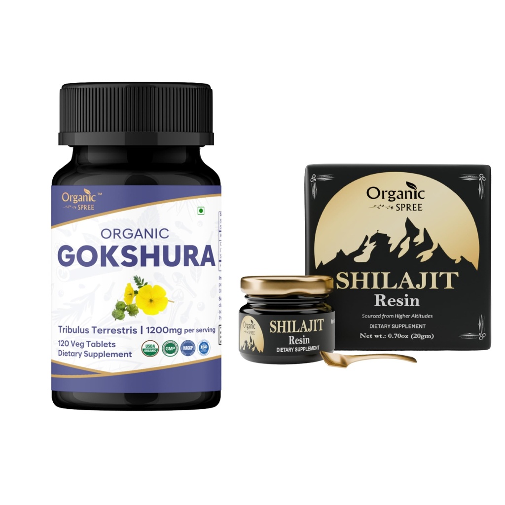 ORGANIC SPREE Gokshura & Himalayan Shilajit - USDA Organic Tribulus Terrestris 120 tabletter & 20g Resin med 85+ Spårmineraler - Stöder energi & immunhälsa *