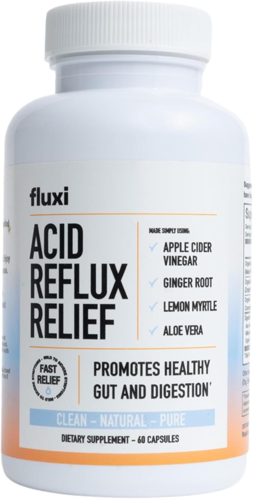 Fluxi Acid Reflux Relief Capsules - med Apple Cider Vinegar Ginger Root & Lemon Myrtle - Stöder Gas, Bloating och Digestion - 60 Count