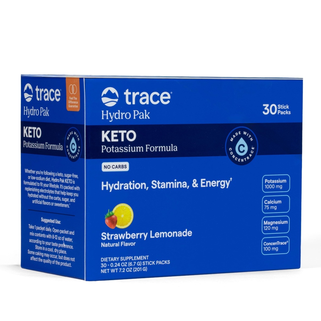 Trace Minerals Hydro Pak Keto - Electrolyte Replenishment Drink Mix - 1000 mg Potassium Plus 70 Stöder energi, Stamina och Hydration - Strawberry Lemonade Flavor - 30 portioner