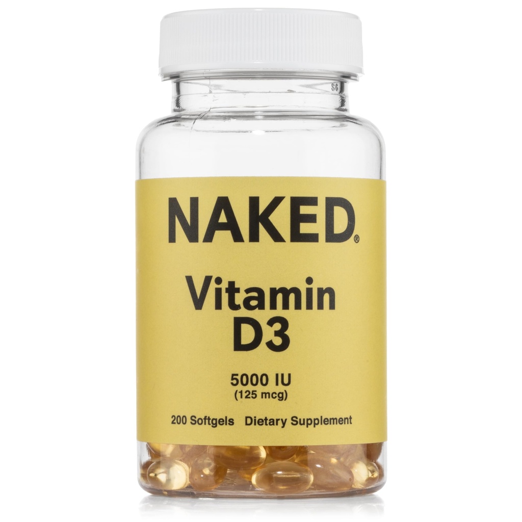 NAKED Vitamin D3 5000 IE - High Potency Vitamin D Supplement för Immune Support, Benstyrka, muskelfunktion - 200 Vitamin D Softgels