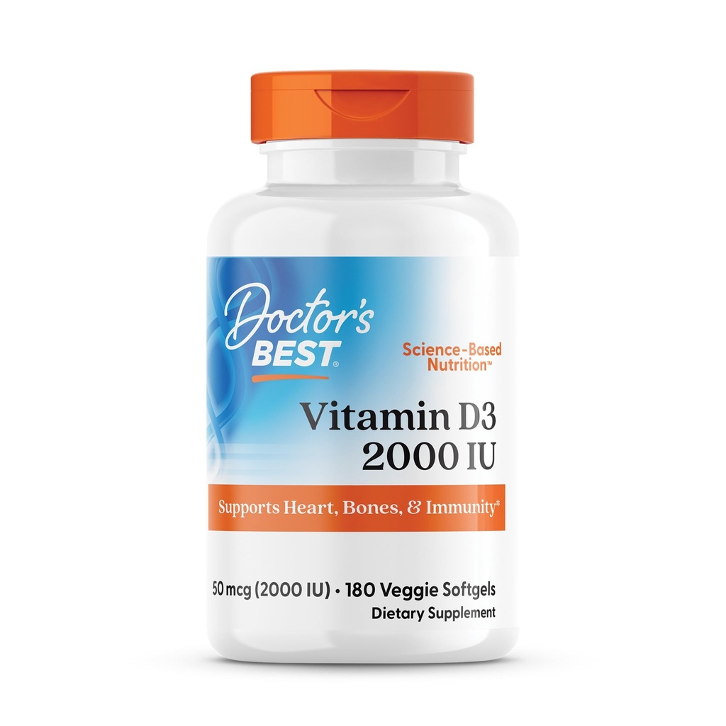 Doktorns bästa vitamin D3 2000 IE Softgels för män och kvinnor - Vitamin D Supplement för Immune System & Heart Health Support, 50 mcg per Servering, Vit D 3, Non GMO, Gluten & Soy Free - 180 Veggie Softgels