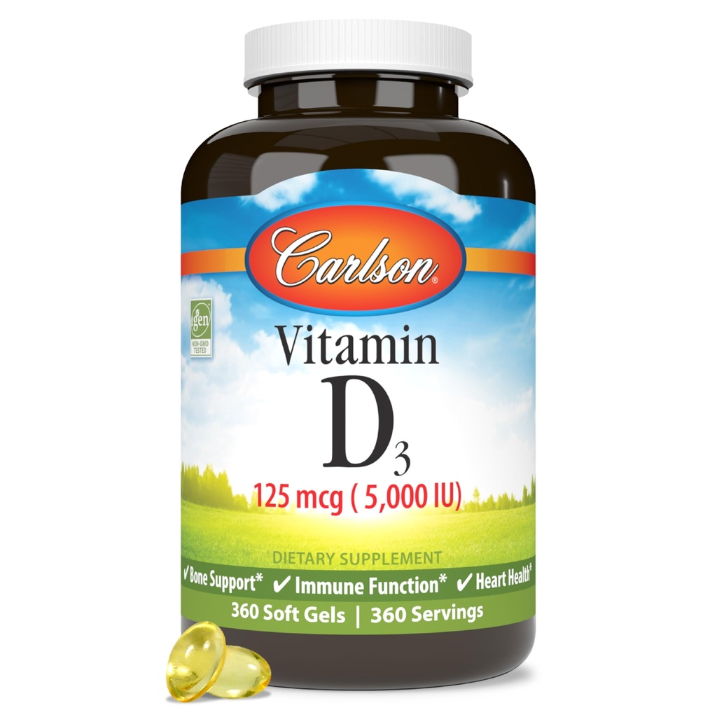 Carlson - Vitamin D3 5000 IE (125 mcg), Bone Health, Muscle Health, Cholecalciferol, vitamin D Supplements, Vitamin D3 Soft Gels, 360 Softgels