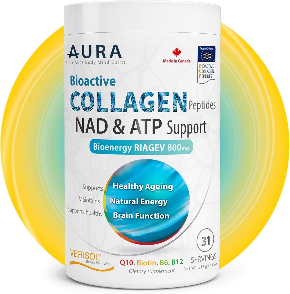 AURA VERISOL® Bioactive Collagen Peptides® Powder med Patented NAD+ & ATP Boosters, Advanced Cellular Rejuvenation System, Healthy Aging & DNA Repair, Unflavored, Made in Canada, 31 Servings.
