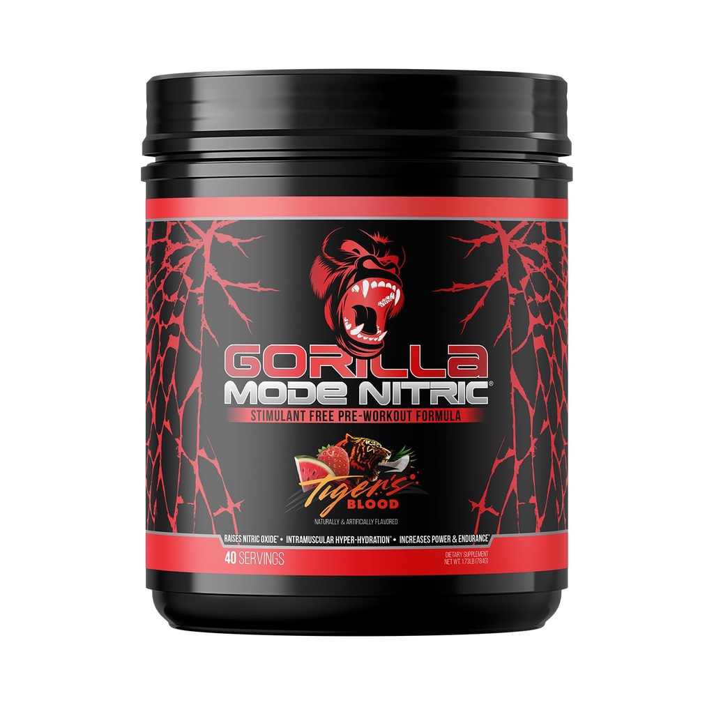 Gorilla Mode Nitric Upgraded Stimulant Free Pre-Workout - Bästa smak och mest effektiva Stimulant Free Pre-Workout /Massive Pumps · Vasodilation · Power / 784 Grams (Tigers Blood)