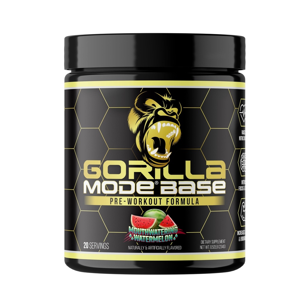 Gorilla Mode Base Pre Workout - höjer Nitric Oxide · Intense Focus & Drive · Endurance · Power - L-Citrulline, L-Tyrosine, Betaine, Alpha-GPC, Caffeine, Huperzine A - 234g (Mouthwatering Watermelon)