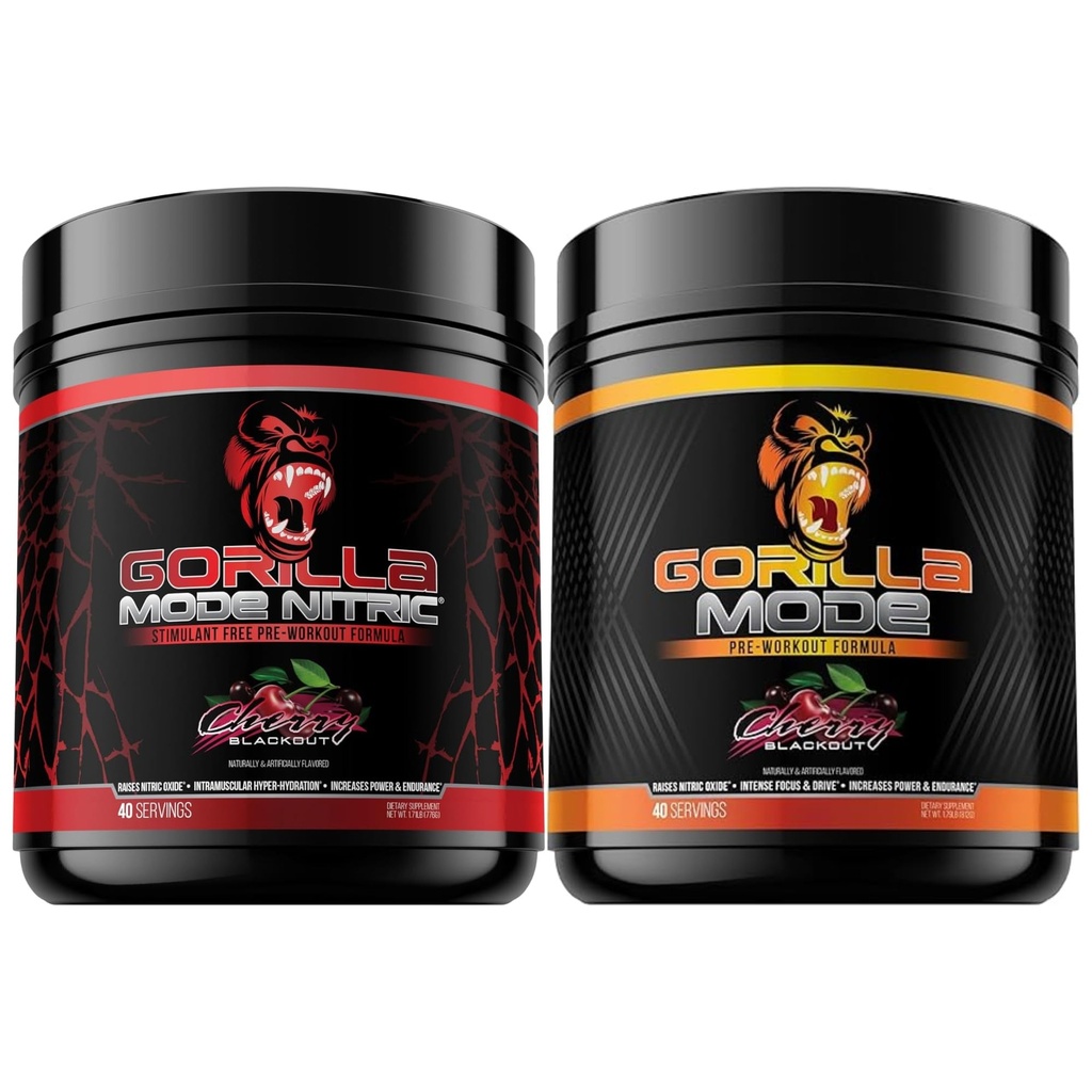 Gorilla Mode Pre Workout & Gorilla Mode Nitric Upgraded Stimulant - Bästa smak och mest effektiva Stimulant Free Pre-Workout | Massive Pump | Laser Focus Energy Power (Cherry Blackout)