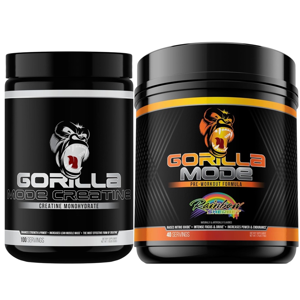 Gorilla Mode Creatine Monohydrate Micronized Powder & Pre Workout (Rainbow Sherbert) - Massiva pumpar | Laser Focus Energy | Förbättrad muskelstorlek | Power Output och styrka