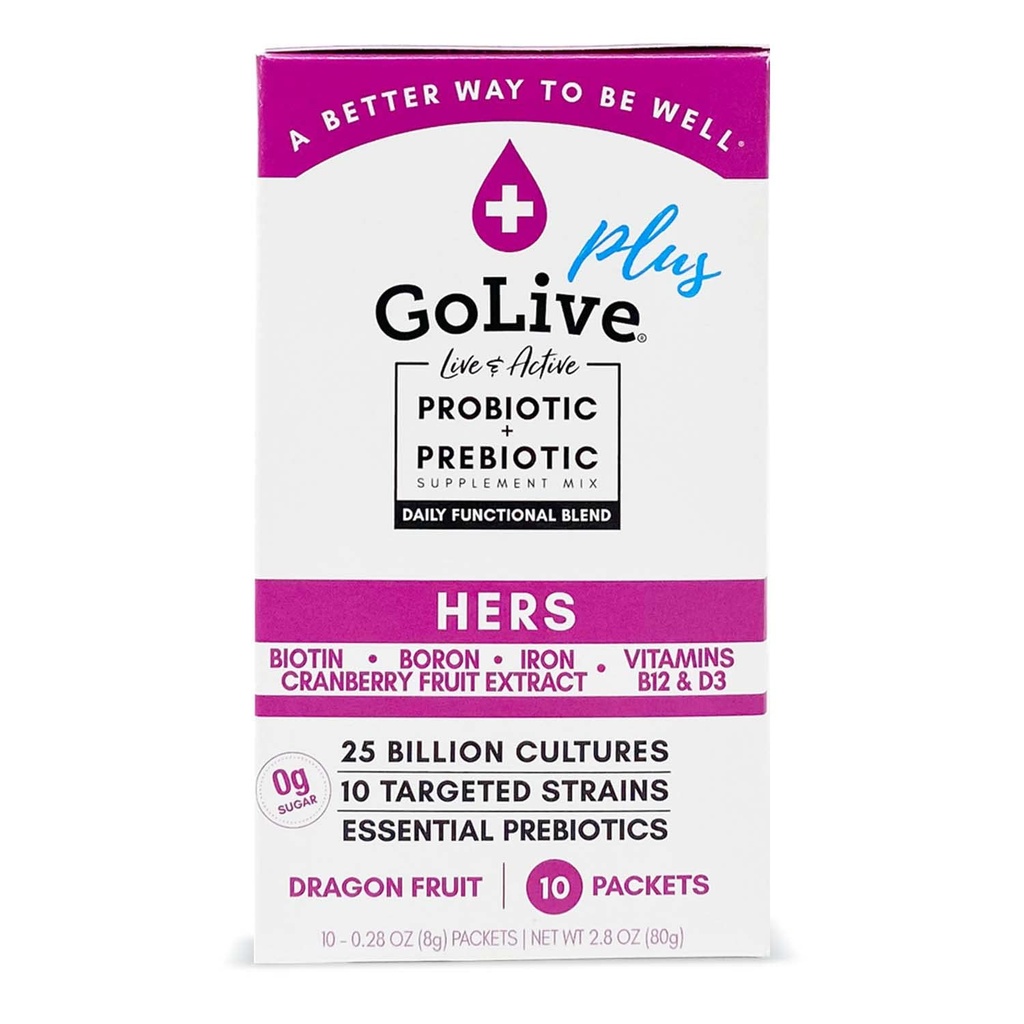 GoLive Probiotic för kvinnor - Sugar-Free Synbiotic Powder med prebiotika, Cranberry, Biotin, B12 & D3-25 miljarder CFUs, 10 kliniska stammar - Stöder vaginal, Digestive, UT & Immune Health