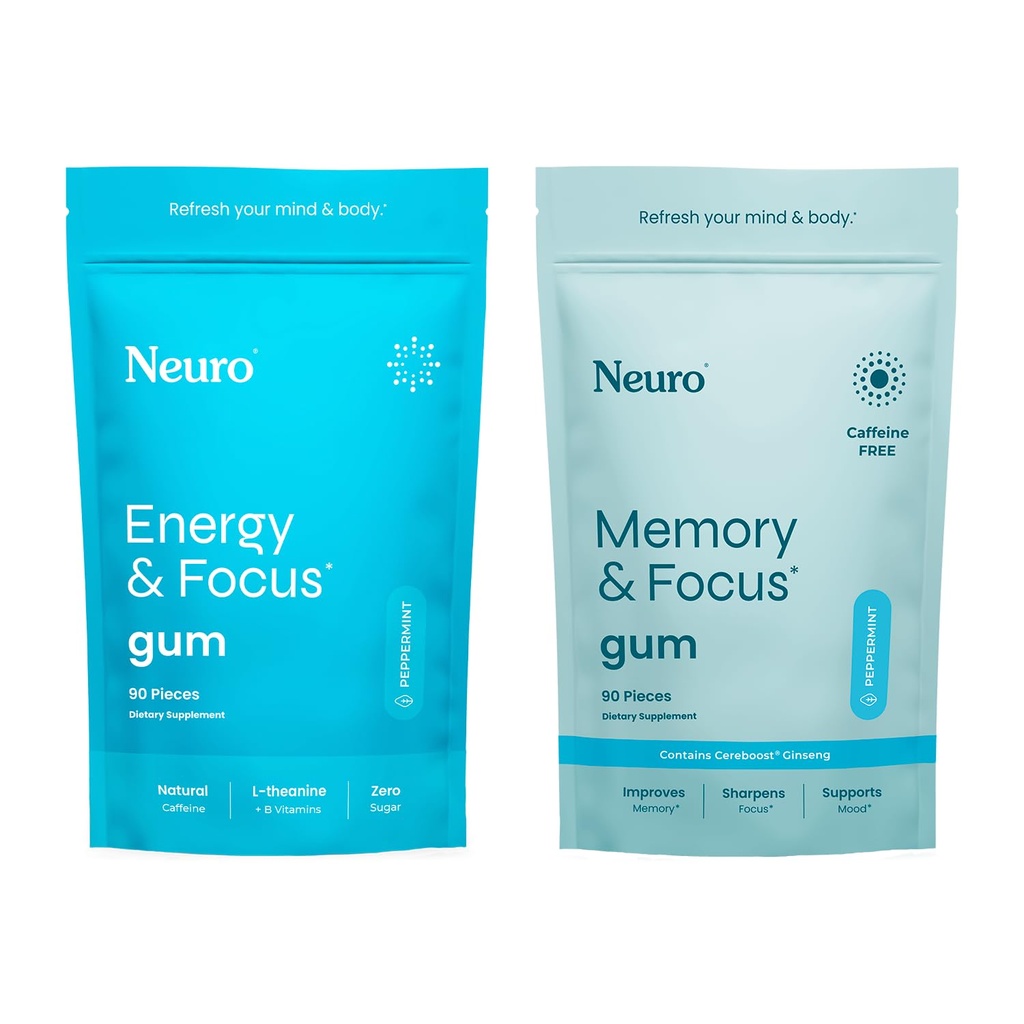 Neuro Focus Set - 90 Count Every (Peppermint) - Sugar Free Nootropic Chewing Gums med naturlig koffein, L-Theanin, B-Vitaminer & Ginseng för energi, Alertness & Clarity