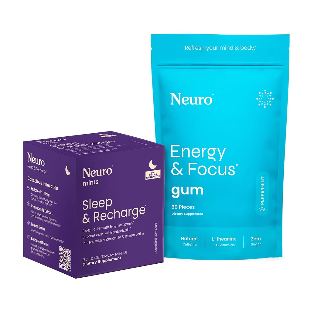 Neuro Energy & Sleep Bundle - Energy & Focus Gum (Peppermint, 90 Count) + Melatonin 5mg Sleep & Recharge Mints (Night Berry, 72 Pieces) - Daytime Focus & Nighttime Rest Support
