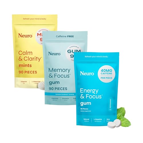 Neuro Focus & Calm Cognitive Bundle - Energy & Focus Nootropic Gum (90), Calm & Clarity Stress Support Mints (90) & Memory & Focus Nootropic Gum (90)