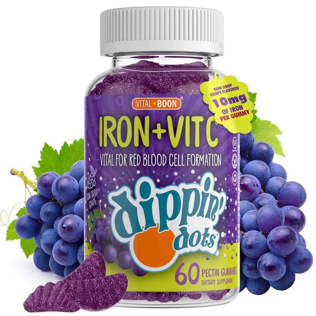Vital + Boon - Järn med vitamin C & B12 Gummies (60 greve) Vital för Red Blood Cell Formation | Gum Drop Grape Real Pectin Fruit Chew Supplements | Vegan, icke-GMO, Gluten Free & Gelatin Free