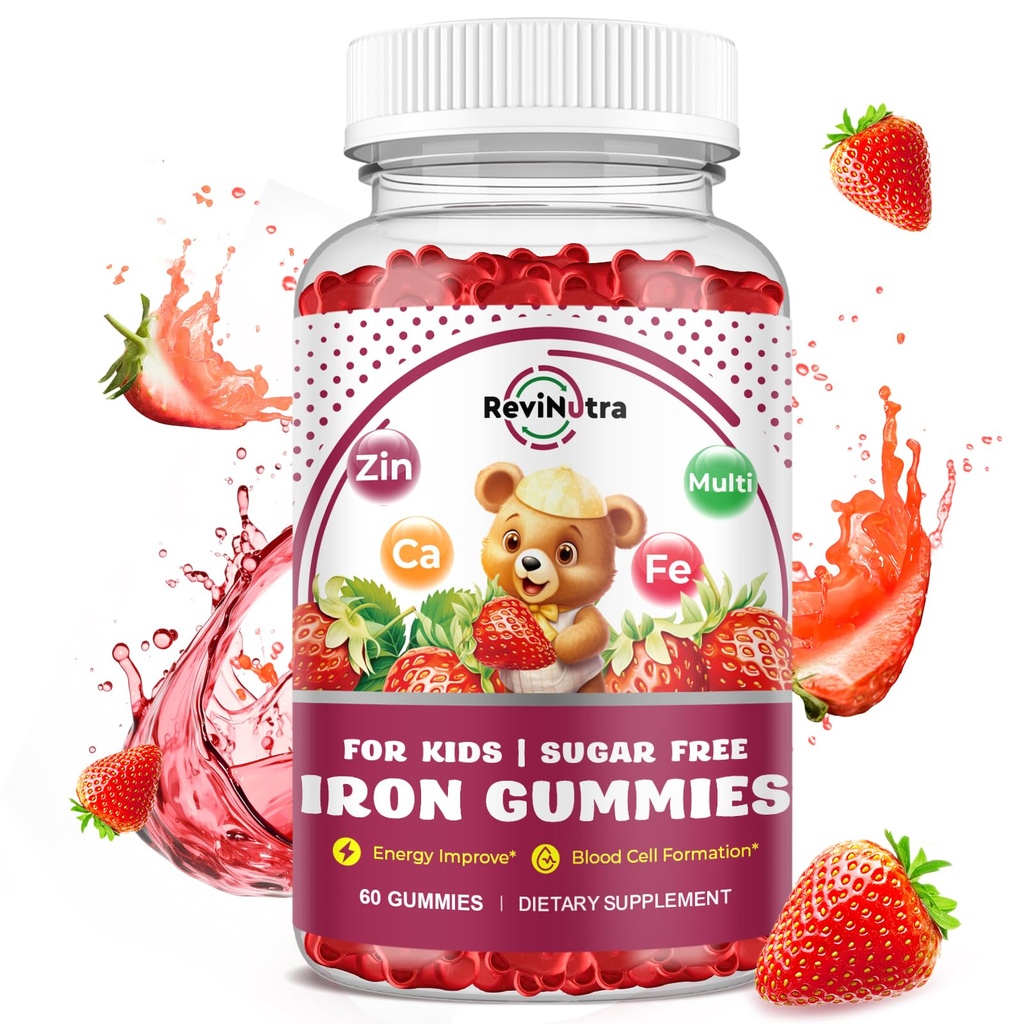Järntillskott Gummies för barn - med Calcium, Zink, Kids Multivitamin med Järn Gummies - Immun Support, Blodbyggare och energistöd för järnbrist, Anemi, Vegan - 60 Count