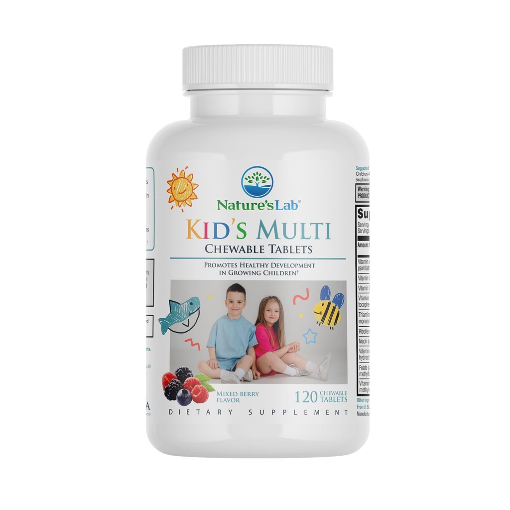 Nature's Lab Kid's Multi Natural Chewable Vitamins - Komplett Barns Multivitamin med järn, Magnesium, Zink & Calcium - Mixed Berry Flavor - 120 tabletter för år 2 +