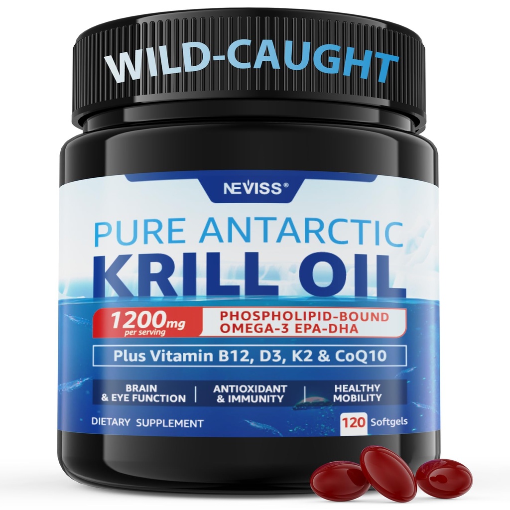 Antarctic Krill Oil 1200 mg Omega 3 Supplement, Omega 3 Krill Oil Softgels w / EPA, DHA, Astaxanthin & Phospholipids för hjärna och antioxidant, hållbart källad, ingen fiskig eftersmak, 120 Softgels