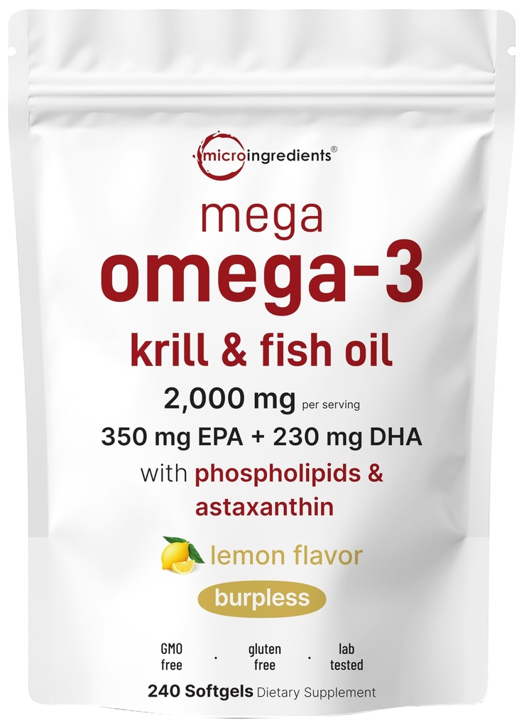 Mega Omega-3 Krill & Fish Oil 2 000mg Equivalent, 240 Softgels | Lemon smaksatt | Burpless | Essential Fatty Acids & Astaxanthin | EPA 350mg + DHA 230mg | Hjärt- och hjärntillskott