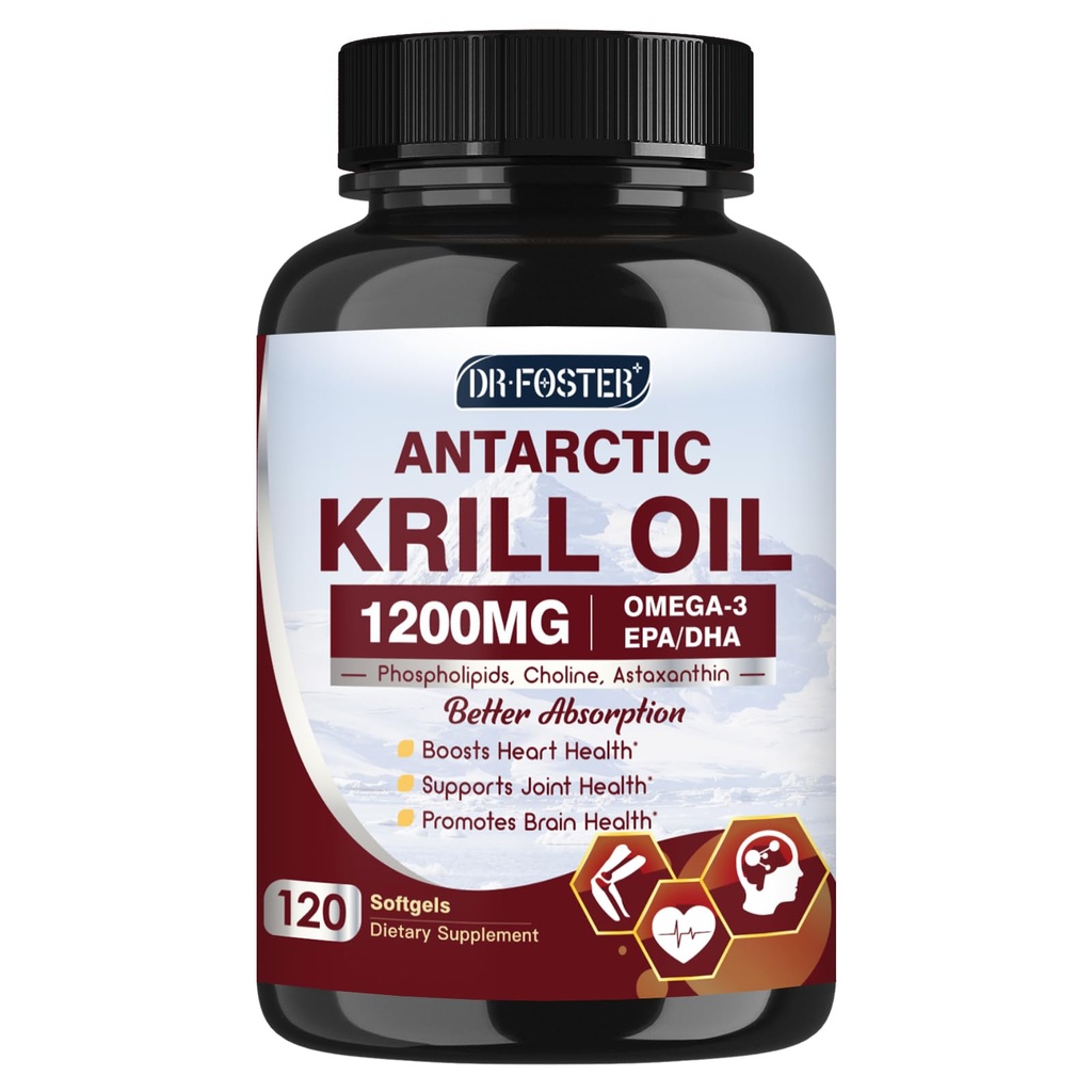 Krill Oil 1200mg, Antarctic Krill Oil Omega 3 Supplement med EPA, DHA,Astaxanthin & Phospholipids för hjärta & hjärna & gemensam hälsa, No Fishy Aftertaste,120 Softgels (60 portioner)