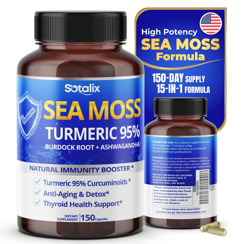 Sotalix Sea Moss Capsule med Ashwagandha, Burdock Root, Bladderwrack, Turmeric - Powerful Natural Immunity Booster - USA Made (150 greve av 1)