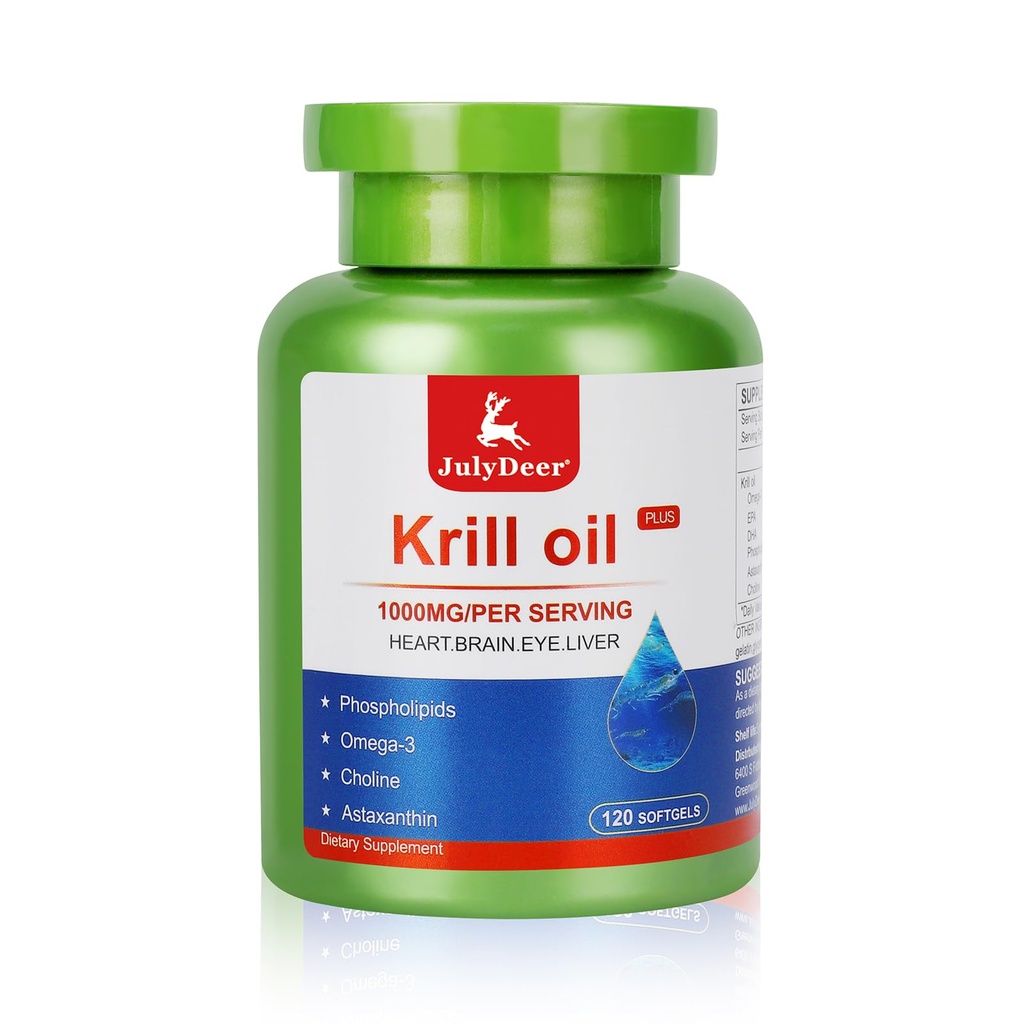JuliDeer Krill Oil 1000 mg med Omega-3s EPA, DHA, Astaxanthin och Phospholipids 120 Softgels Supplement, Antarctic Krill No Fishy Aftertaste för Joint, Hjärta, Hjärna och immunitet