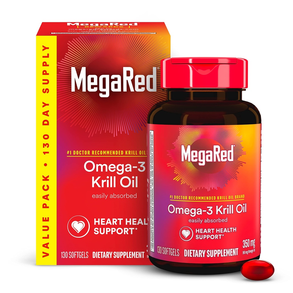 MegaRed - Omega-3 Krill Oil 350mg Softgels (130 greve i en flaska), EPA & DHA Omega-3 fettsyror med ingen fiskig eftersmak till skillnad från fiskolja, innehåller antioxidant Astaxanthin