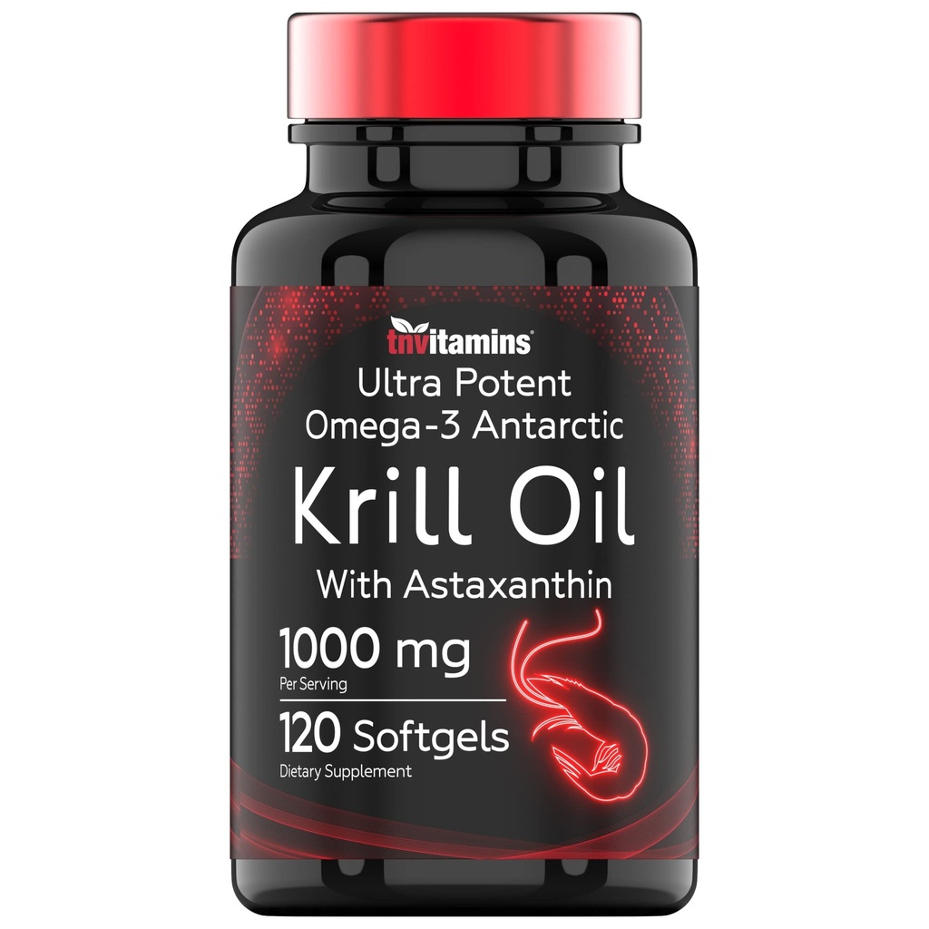 Antarctic Krill Oil 1000mg - 120 Softgels med Astaxanthin | 1000mg Red Krill Oil, 200 mg Fosfolipider, 120 mg EPA, 80 mg DHA, 200 mcg Astaxanthin | Potent & Pure Omega-3 Cold Water Antarctic Krill