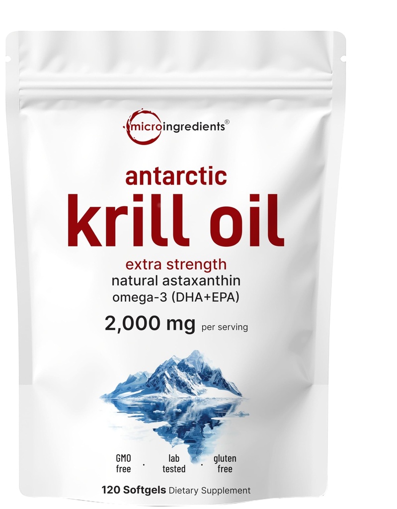 Micro Ingredients Antarctic Krill Oil Supplement, 2 000 mg Per Servering, 120 Softgels, Triple Strength, Rich i Omega-3s EPA, DHA & Natural Astaxanthin, stöder immunsystem & hjärnhälsa