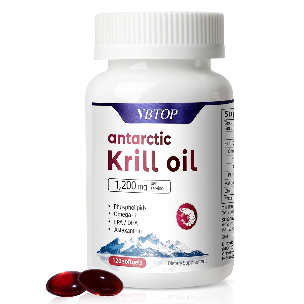 Antarktis Krill Oil 1200 mg per portion, 120 snabbsläpp Softgels med Omega-3 EPA DHA, Astaxanthin & Phospholipids, Mercury Free, No Fishy Aftertaste for Heart, Joint & Brain Health