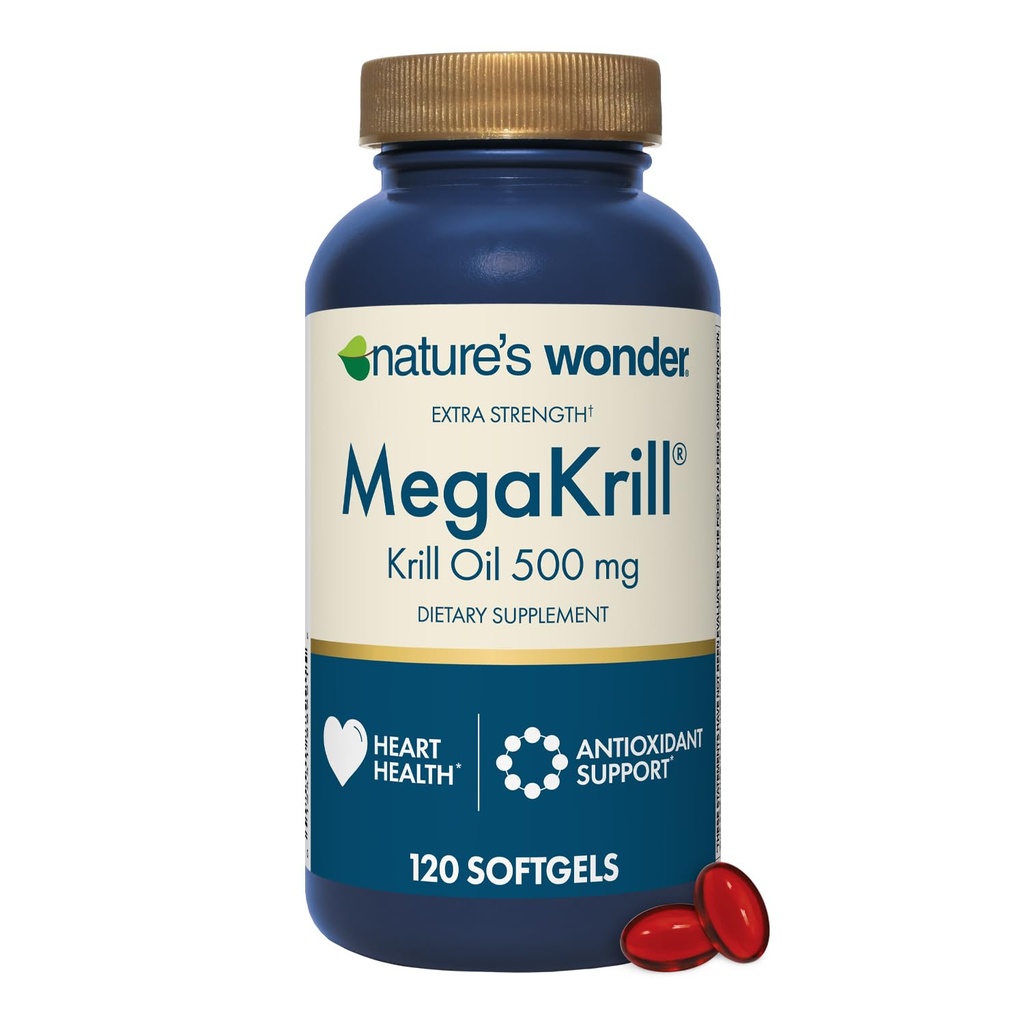 Nature's Wonder Mega Krill Extra Strength Krill Oil 500mg med Omega 3 Phospholipids och Astaxanthin, stöder hjärthälsa, 120 Day Supply of Softgels