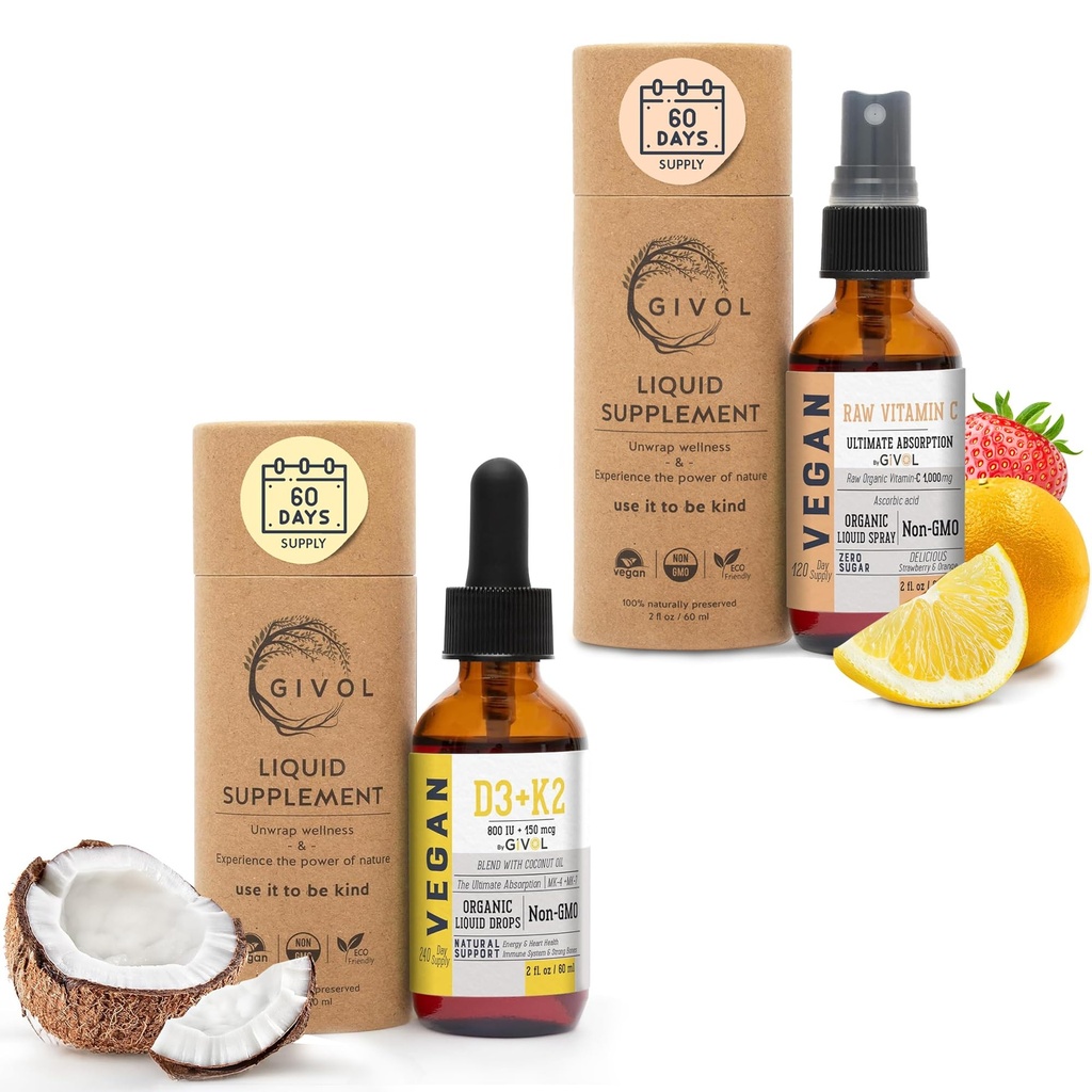 Vitamin D3 + K2 Liquid Drops (MK4 & MK7) Organic Fractionated Coconut Oil och Vitamin C Extra Strength Spray Mist: Daily Absorption Liquid Extract, Essential Protein Support, Optimizes Wellness Benefits