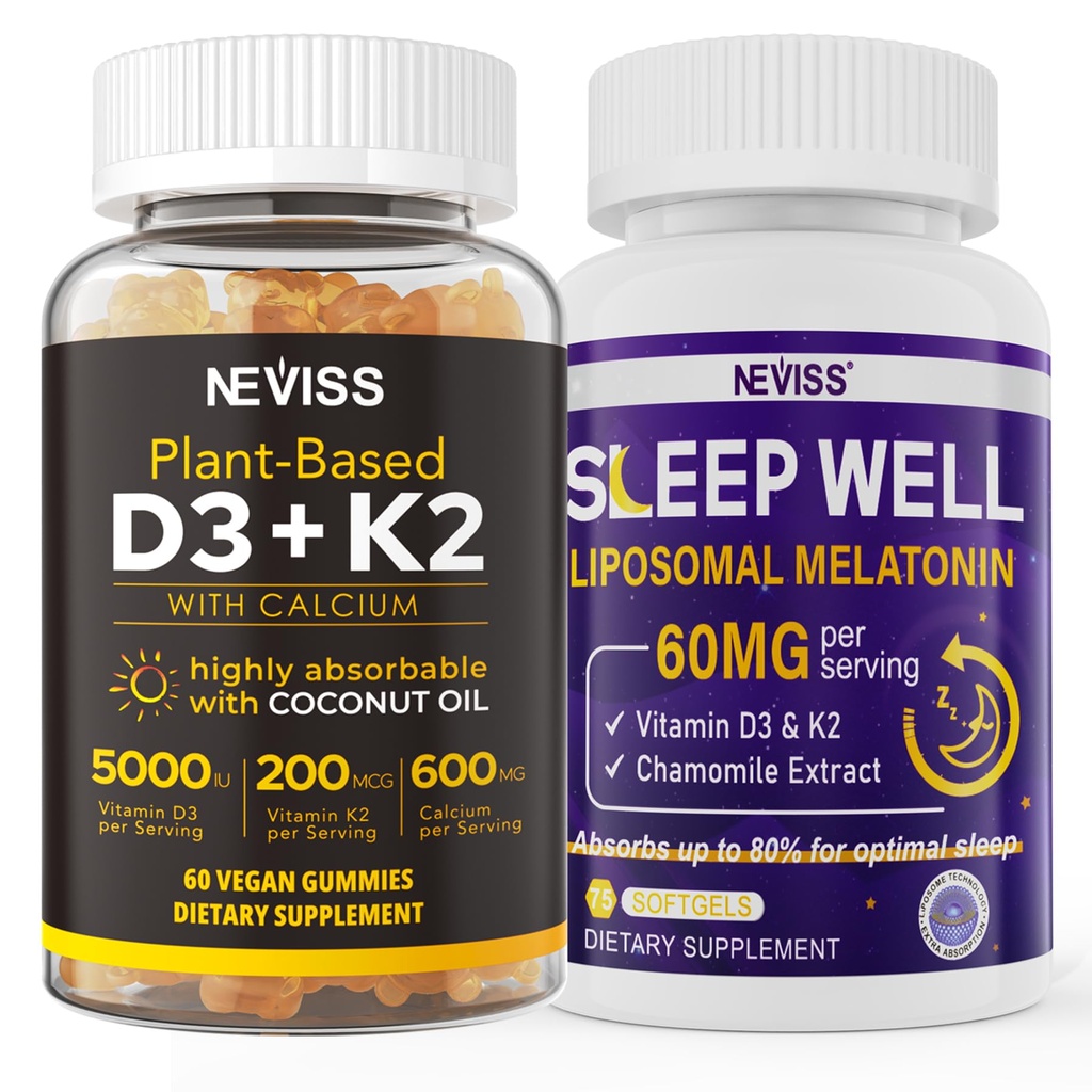 NEVISS Vitamin D3K2 5000IU Gummies + Melatonin 60mg för vuxna Bundle