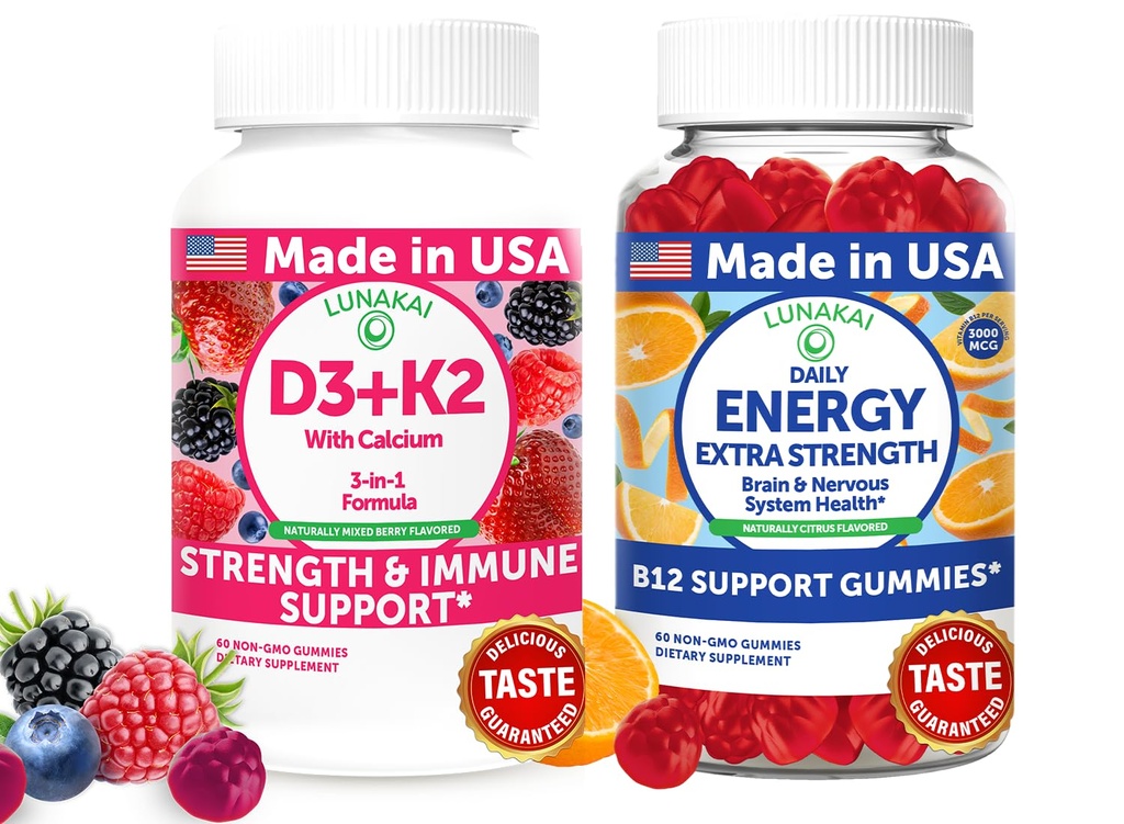 Lunakai USA Made D3+K2 med Calcium & Energy B12 Gummies Bundle – Vegan, Non-GMO – 60 Gummies