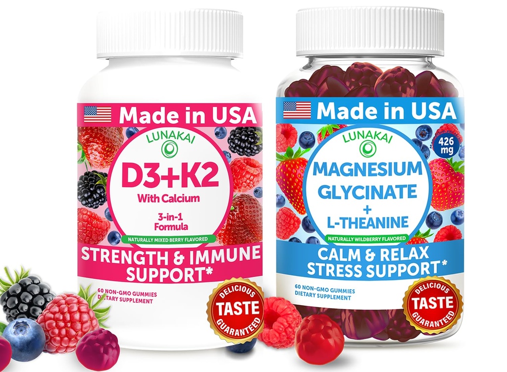 Lunakai USA Made D3+K2 med Calcium & Magnesium Glycinate + L-Theanine Gummies Bundle - 60 Non-GMO Gummies