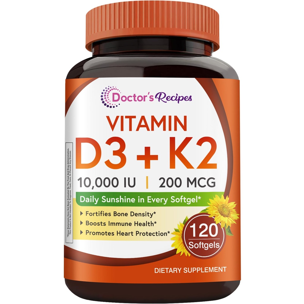 Doctor's Recipes Vitamin D3 K2, 10,000 IU, 200 mcg, MK-7, Strong Bone Density, Teeth, Immune, Heart Support, Energy, Calcium Absorption, No Soy & Gluten, Non-GMO, 120 Softgels