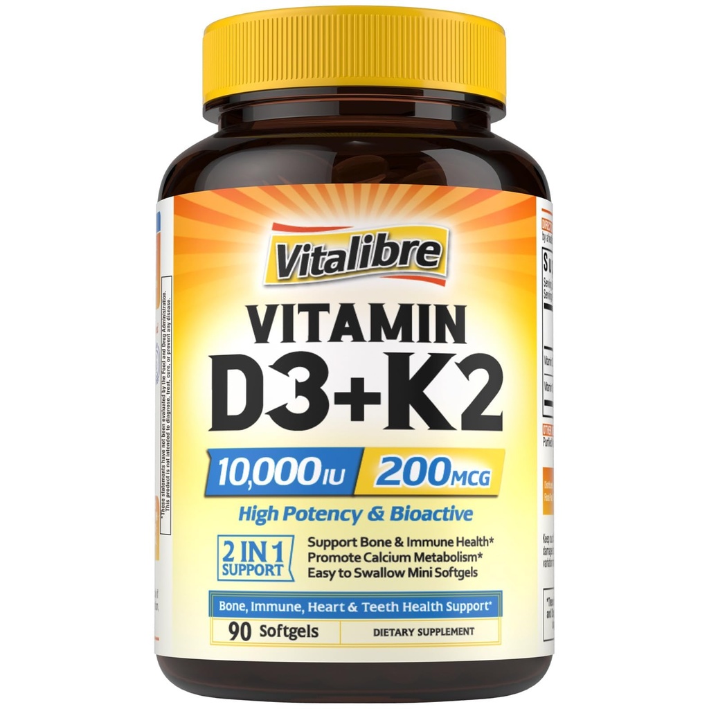 Vitalibre Vitamin D3 K2 Supplement, 10000 IE D3 / 200 mcg K2 MK7, Calcium Absorption, Bone, Heart, Immune & Mood Support, Förbättrad Absorption, No Soy, Lätt att Svälja, 90 Softgels