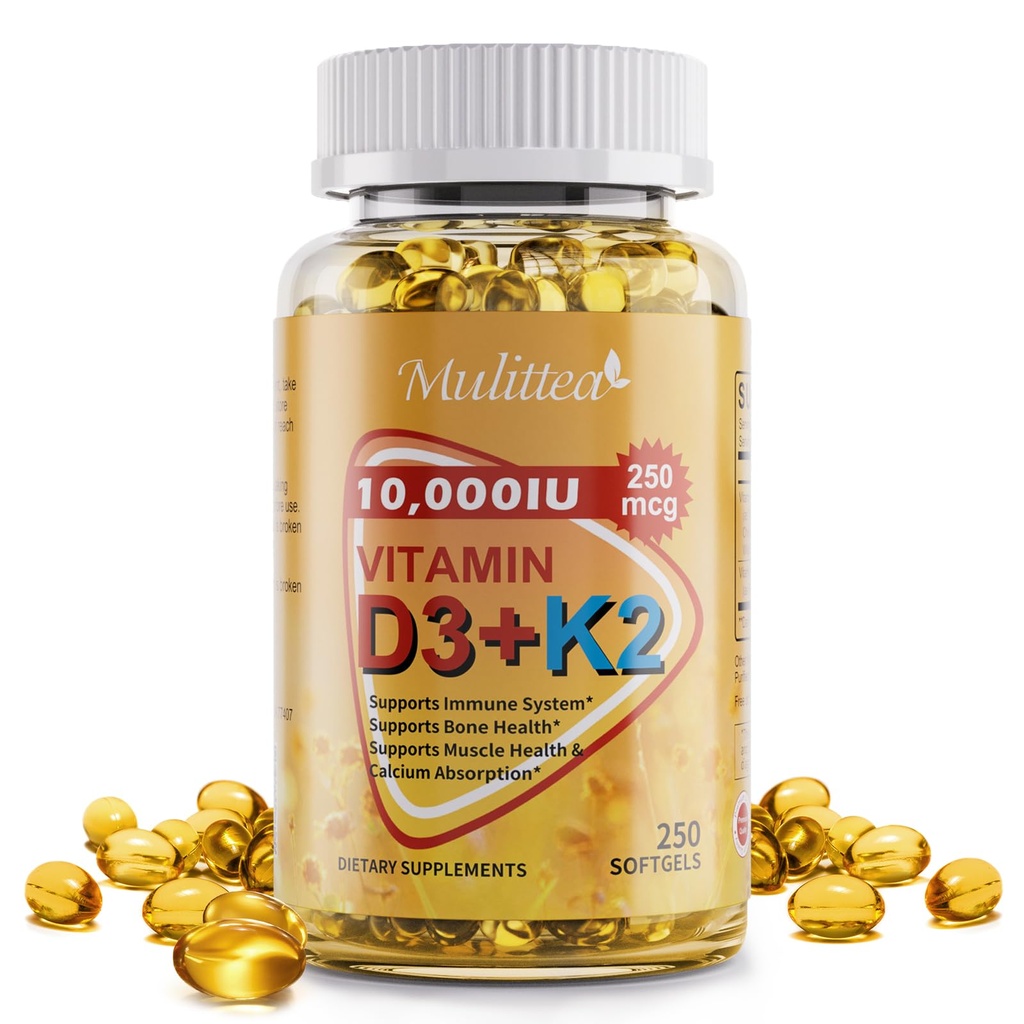 Plantbaserad D3 K2 Vitamin 10000 IE w / Virgin Coconut MCT Olja - 200 mcg MK7 Vitamin K2, icke-GMO för Ultimate Absorption - Ben, Immune & Heart Health - Lätt att svälja D & K Supplement - 250 Softgels