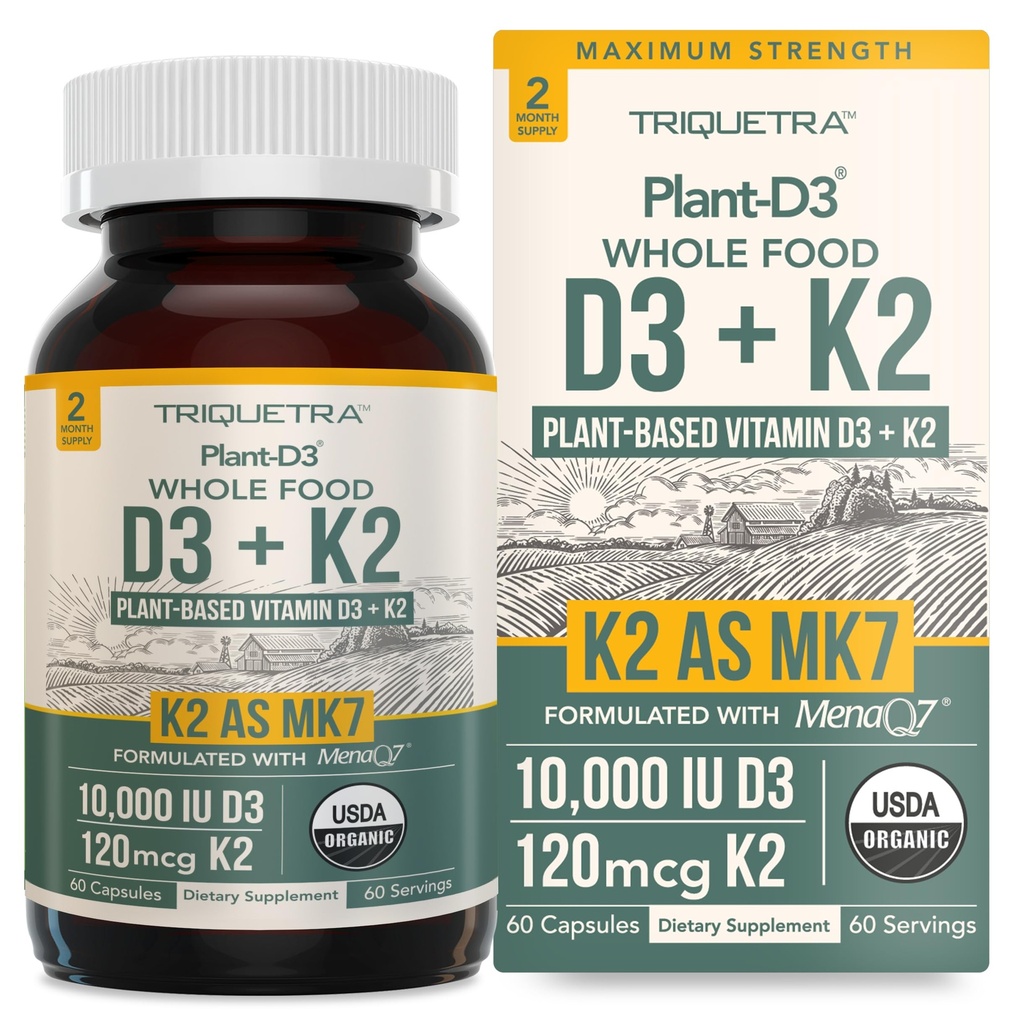 Organisk växt D3 + K2 | 10000 IE D3 + 120 mcg K2 som All-Trans MK7 från MenaQ7® - 100% Whole Food, Raw & Vegan | Förbättrad Digestion med Prebiotic & Superfood Complex - D3 från Organic Algae (60 Count)