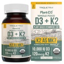 Organisk växt D3 + K2 | 10000 IE D3 + 120 mcg K2 som All-Trans MK7 från MenaQ7® - 100% Whole Food, Raw & Vegan | Förbättrad Digestion med Prebiotic & Superfood Complex - D3 från Organic Algae (60 Count)