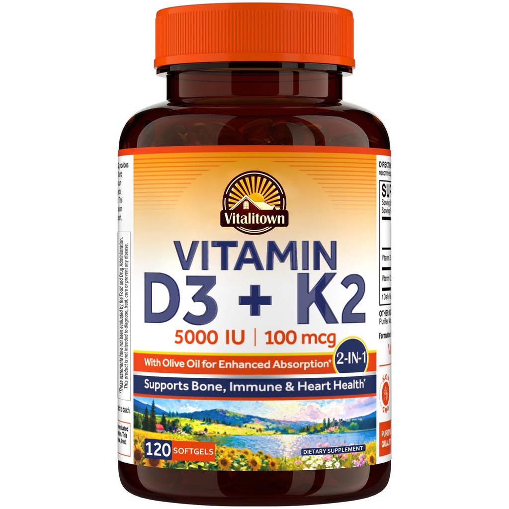 Vitalitown Vitamin D3 K2 Supplement, D3 5000 IE, Vitamin K2 MK-7 100 mcg, Non-GMO, No Gluten & Soy, för ben, tänder, Immune & Heart Health, 120 Softgels