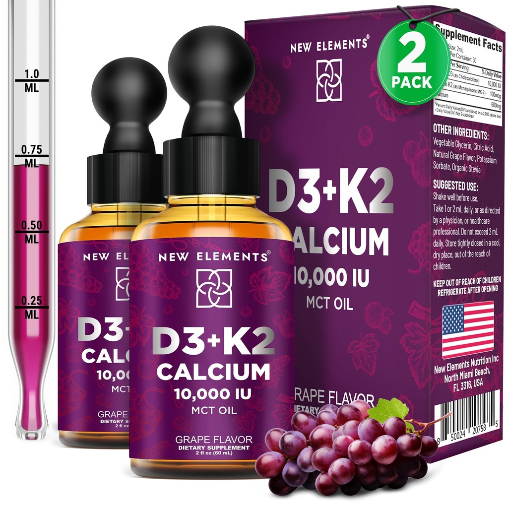 Nya Elements [2 Pack] Liquid Vitamin D3 K2 droppar med kalcium för vuxna | Vitamin D3 10 000 IE | D3 K2 med kalcium för benhälsa och immunitetssupport | Gemensamt hälsotillskott | Icke-GMO | Vegan