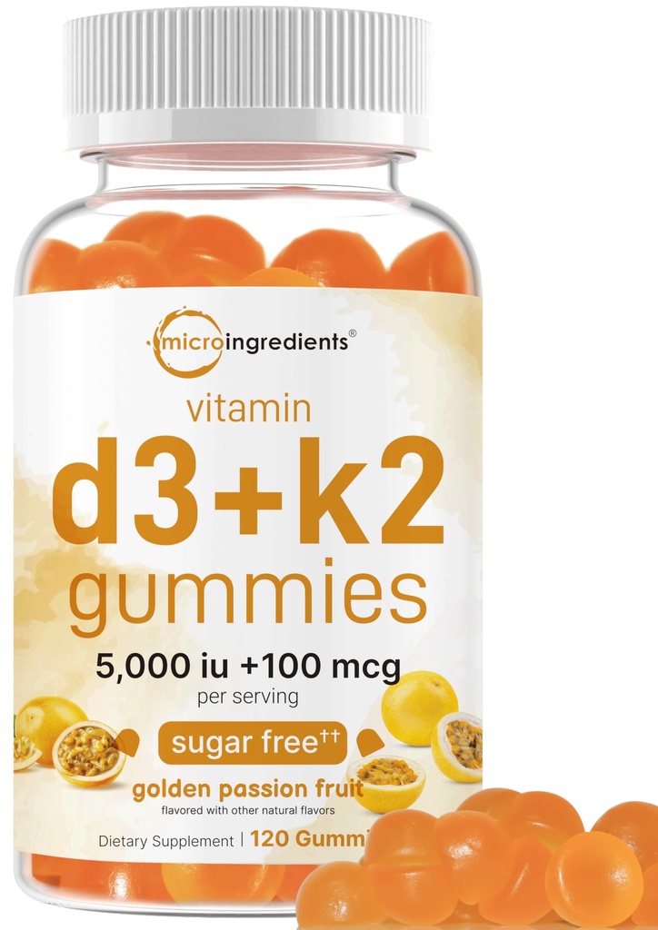 Micro Ingredients Vitamin D3 K2 Gummies, 120 greve | 5 000 IE Vitamin D + 100 mcg K2 MK-7 | Ben, Immune & Heart Health Supplements* | Sugar Free Golden Passion Fruit Flavor | Non-GMO, Gluten Free