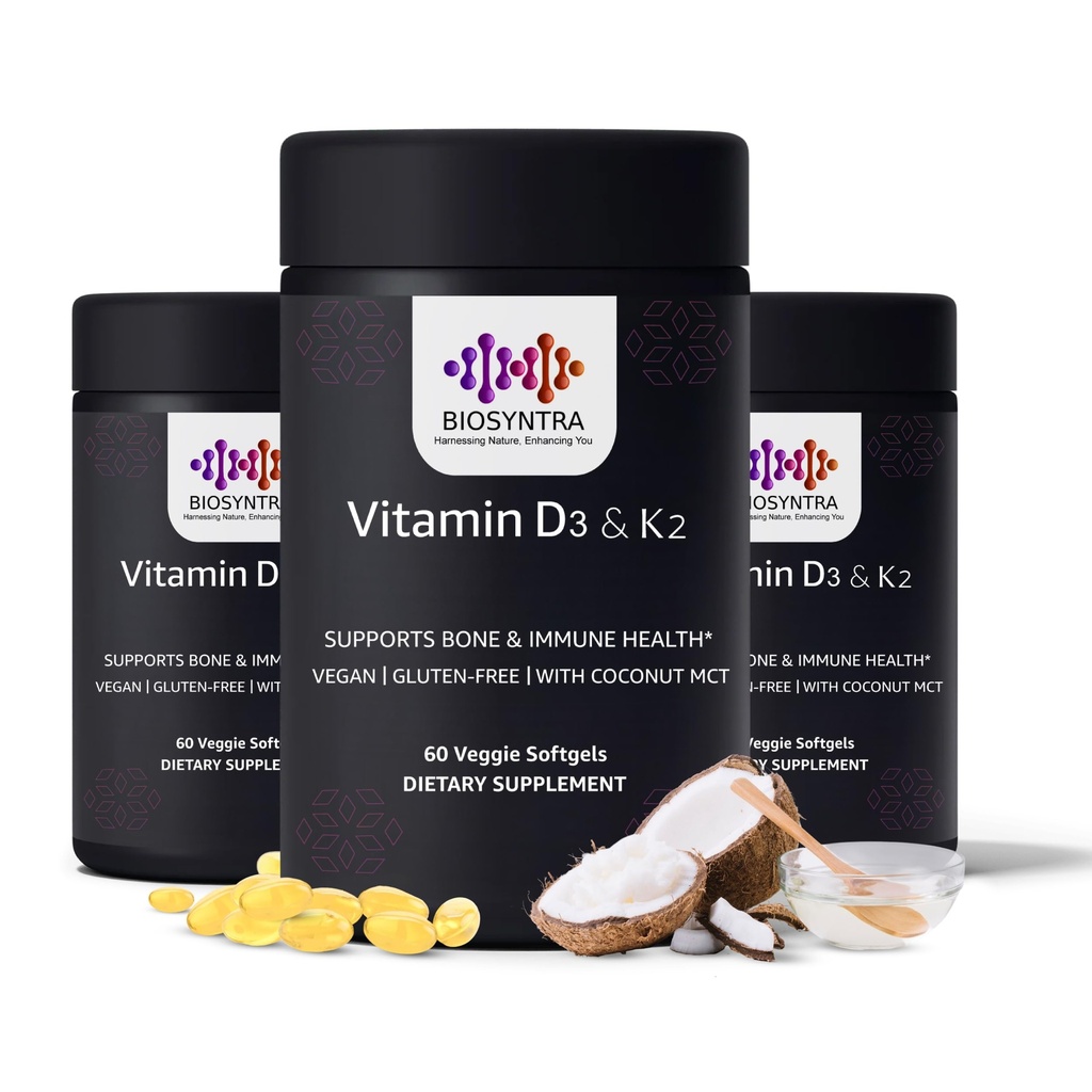 Vitamin D3 + K2 med kokosolja - Vegan Vitamin D 5 000 IE & MK7 Vitamin K 110mcg för ben, hjärta och immunstöd, icke-GMO, Tredje part testad, Soja fri, hög absorption 60 Veggie Softgels