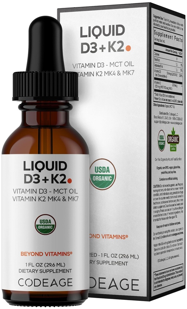 Codeage Liquid D3+K2 Vitamins USDA Organic - Vitamin D3 2000 IE, Vitamin K2 (MK4 & MK7) Liquid Drops - Immun Support - Osmakad - Organisk MCT Olja - Icke-GMO - 1 fl oz