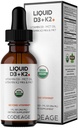 Codeage Liquid D3+K2 Vitamins USDA Organic - Vitamin D3 2000 IE, Vitamin K2 (MK4 & MK7) Liquid Drops - Immun Support - Osmakad - Organisk MCT Olja - Icke-GMO - 1 fl oz