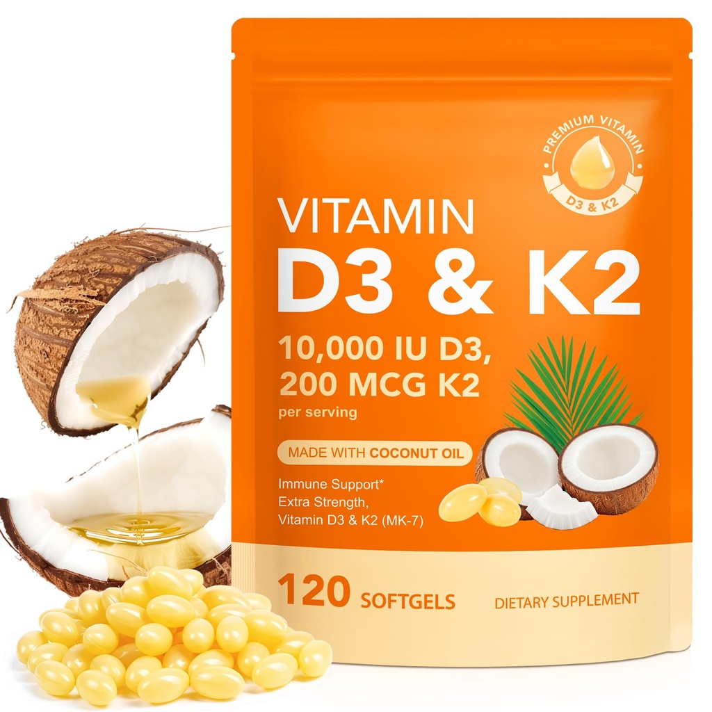 Vitamin D3 K2, D3 K2 Vitamin 10000 iu Supplement Med kokosolja Softgels, 2 i 1 Formel 200 mcg (MK-7) Komplexa Softgels Support Calcium Absorption, Immune, Bone Health D3 K2 Vitamin - 120 Softgels