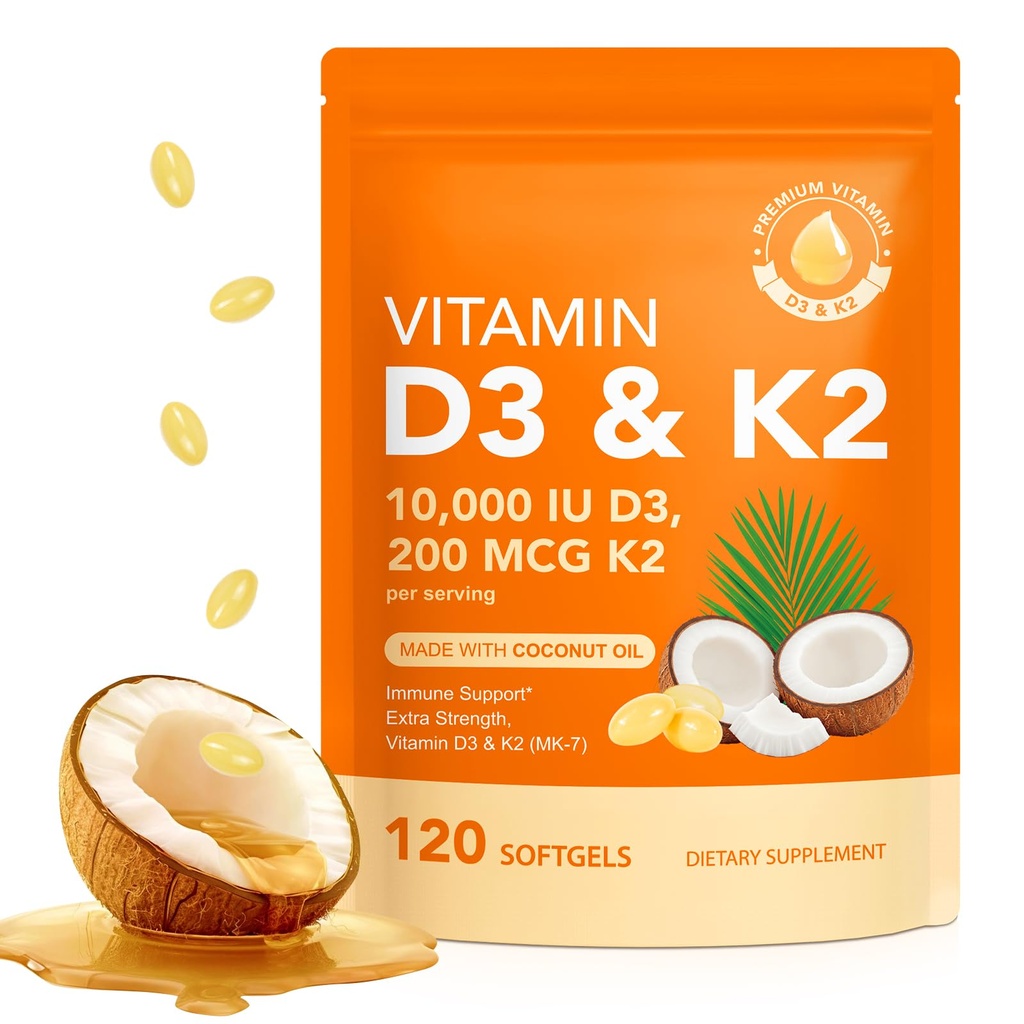 Vitamin D3 K2 10000 IE med 200mg, Vitamin D3 och K2 Capsules, 2 i 1 Vitamins D & K Complex med Virgin Coconut Oil, 120 Softgels, Lätt att Svälja & Non-GMO